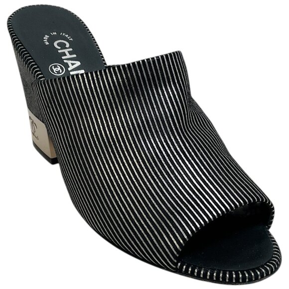 Chanel Black Suede Mules with Silver Stripes&nbsp; - Picture 1 of 6